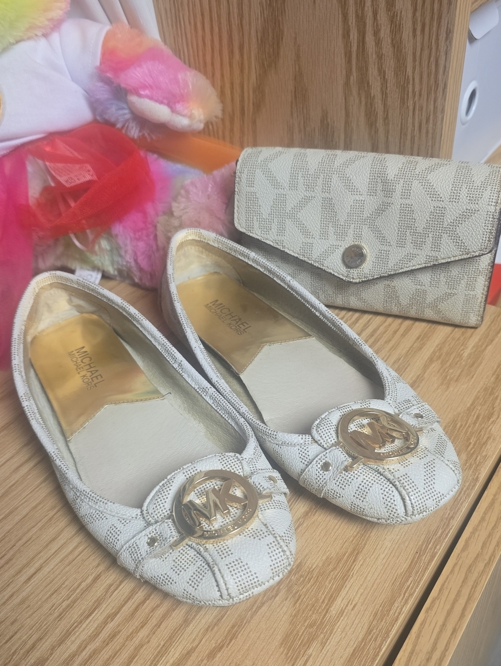 Michael KorsCream Logo Ballet Flats with Gold MK Accent